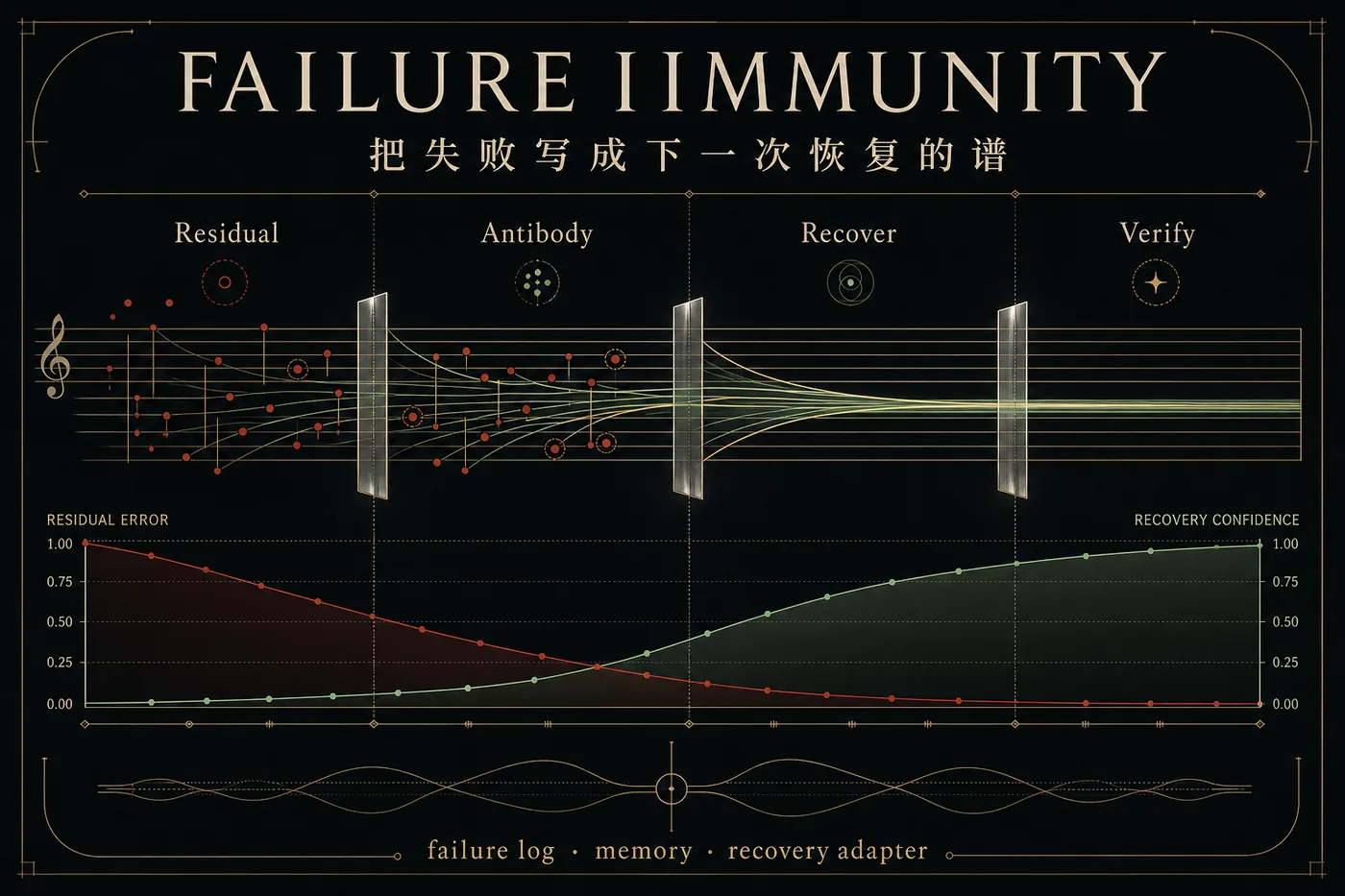 Premium black-gold visualization of residual failure scoring and closed-loop evidence.